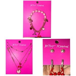 BETSEY JOHNSON SET Cherries & Striped Heart Necklace Earrings & Bracelet NEW NWT
